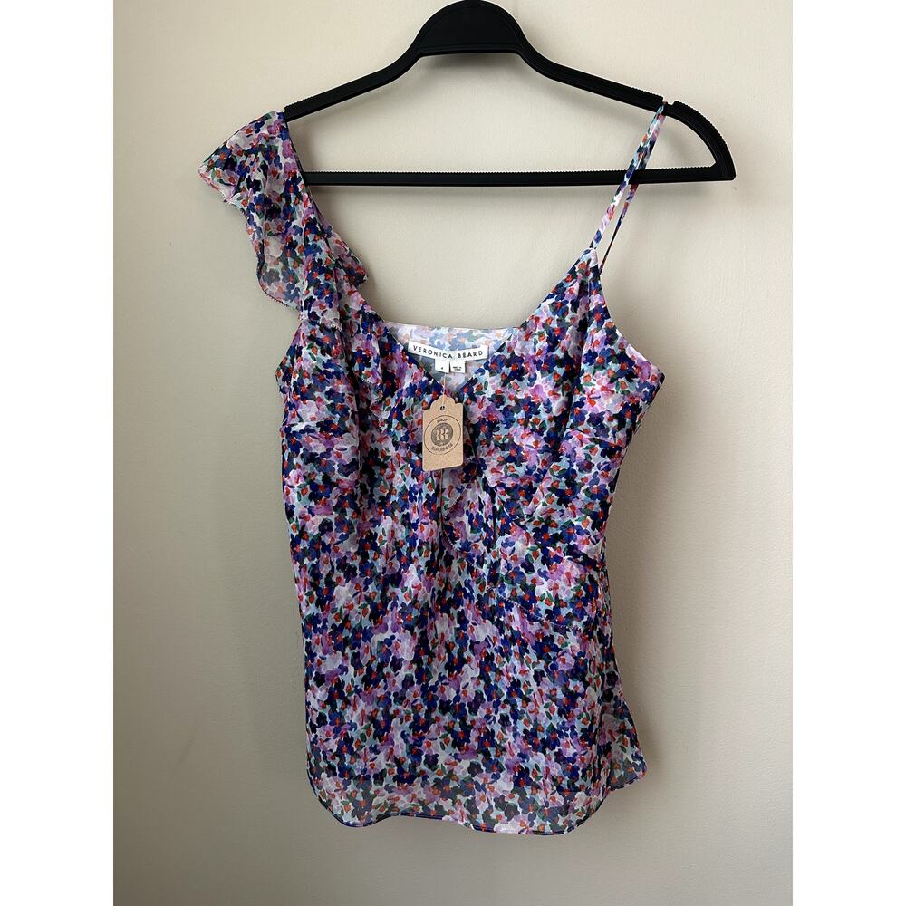 Veronica Beard Floral 100% Silk Top Size 4 Ruffle Tank Violet Multi New